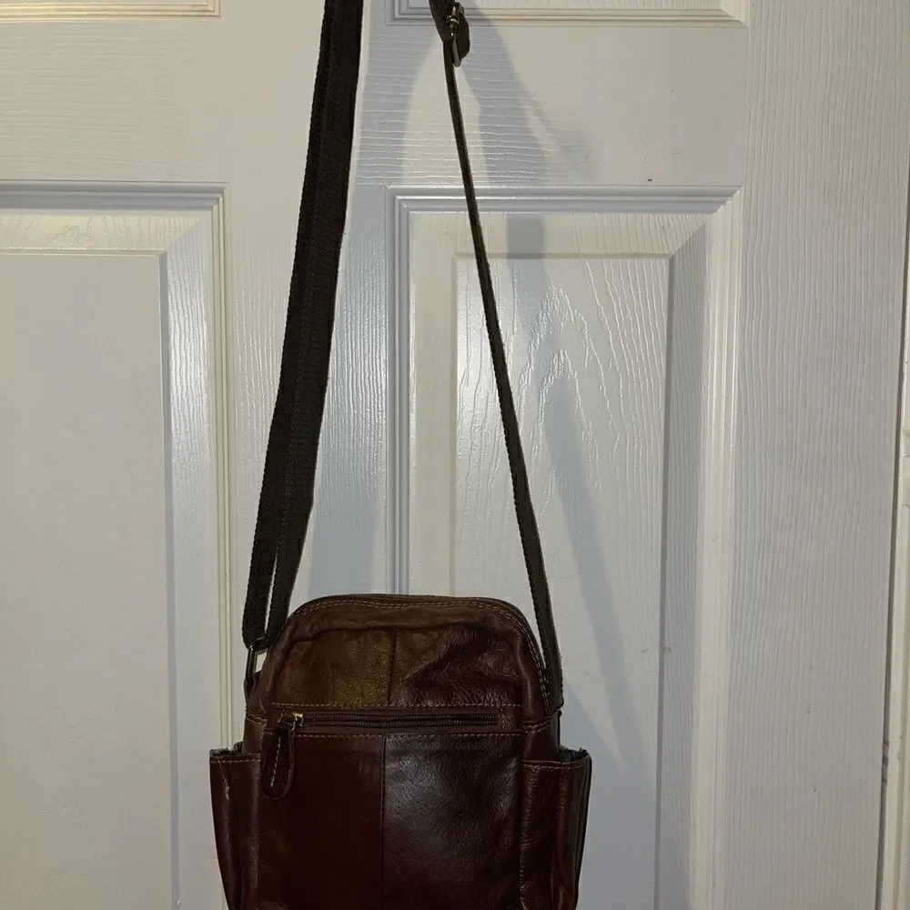 Smile Bird Leather faded Brown Men small messenger bag .Nylon adjustable strap.
